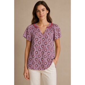 Boden Pink Floral Pom Pom Trim V-Neck‎ Cotton Blouse Top US 8 UK 12 W0275